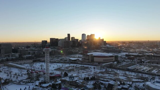 City of Denver winter morning - Aerial drone hyperlapse of Colorado capital city skyline at dawn