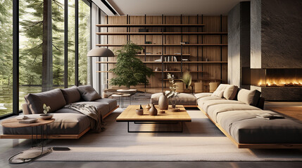 interior of modern living room panorama 3d rendering