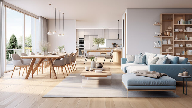 interior design of modern Scandinavian apartment living room with wooden floor