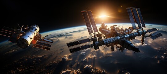 astronauts working diligently to repair and maintain the International Space Station (ISS). They are performing tasks outside the station,Generated with AI - Powered by Adobe