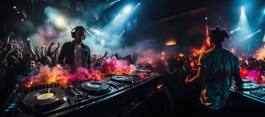 vibrant nightclub scene with a DJ performing on a stage. Colorful lights illuminate the dance...