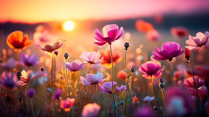 Obraz na płótnie Canvas Colorful wild flowers field illuminated by the sunset light