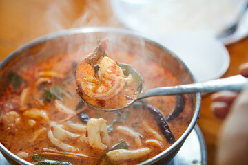 Hot spicy and Sour Seafood Soup in pot