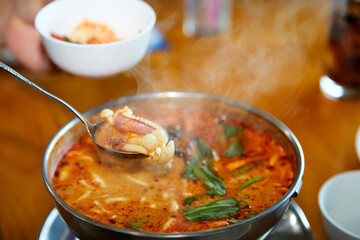 Hot spicy and Sour Seafood Soup in pot