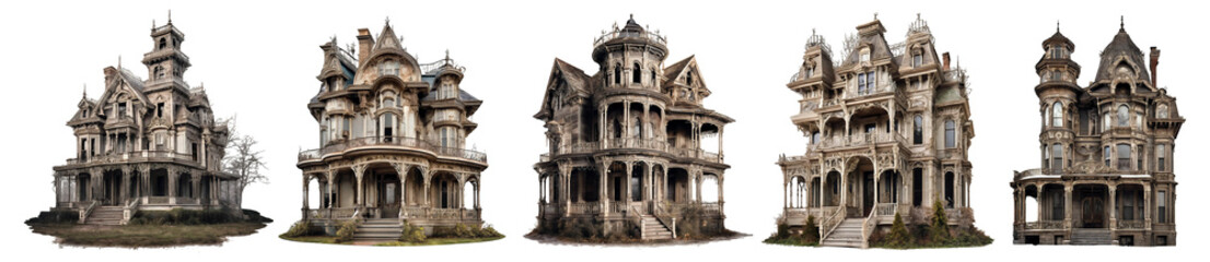 Fototapeta premium Set Collection of Halloween haunted house Spooky Night, Isolated on transparent background, Realistic Halloween dark house PNG illustrate.