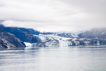 Fog over the melting glacier in Alaska