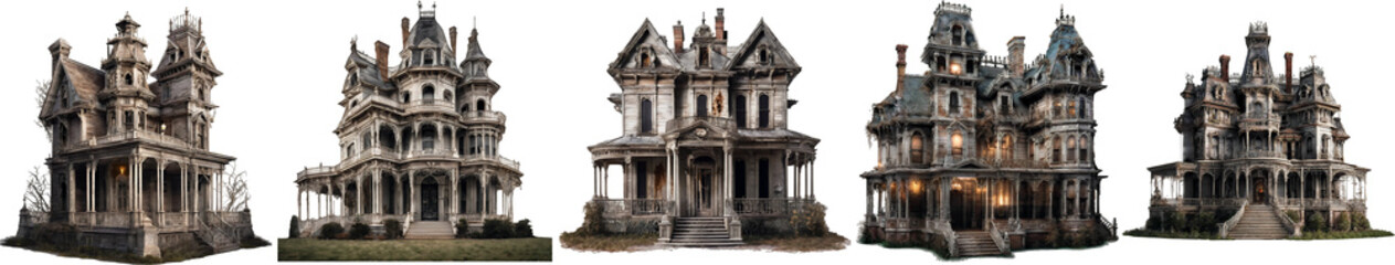 Fototapeta na wymiar Set Collection of Halloween haunted house Spooky Night, Isolated on transparent background, Realistic Halloween dark house PNG illustrate.