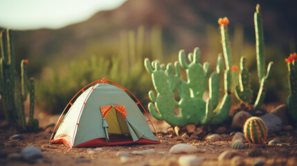 Toy camping tent and cacti plants in rocky desert - generative AI - obrazy, fototapety, plakaty