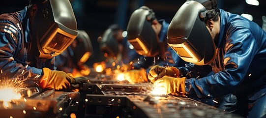 welding worker team working arc weld metal joint production in heavy industry danger and risk workplace with eyes safety equipment ,Generated with AI