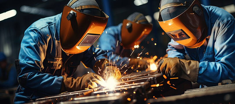 welding worker team working arc weld metal joint production in heavy industry danger and risk workplace with eyes safety equipment ,Generated with AI