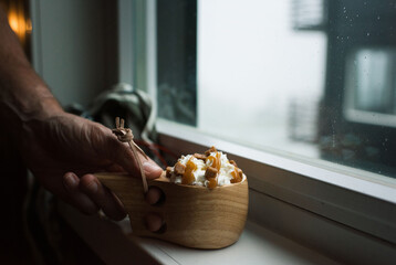 deluxe hot chocolate on a window sill in a Norwegian cabin