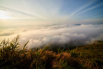 Fog in early morning over the mountain at Phu Chi Fah in Thailand