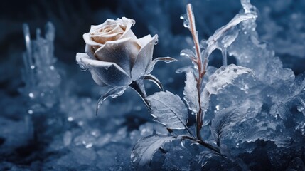Winter's chill magical frozen ice blue rose flower - generative AI