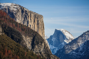Winter views of El Capitan and Half Dome in Yosemite National Park.