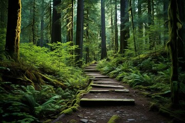 Beautiful lush forest hiking trail in the Pacific Northwest. Generative AI