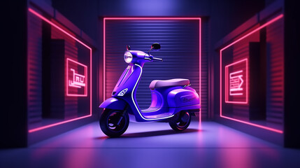3d neon online shopping and free delivery by scooter - obrazy, fototapety, plakaty