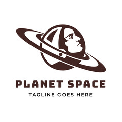Planet Saturn with Astronaut Helmet In Space for Universe Science Logo Design