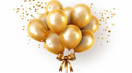 bouquet bunch of realistic golden balloons transparent golden balloons and gold ribbons on white background