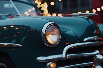 Close up of retro car with sparkling Christmas garlands