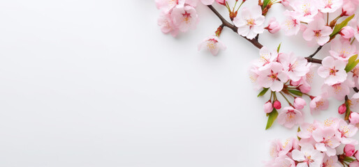 Fresh branch of white cherry blossoms, flat lay photography with copy space