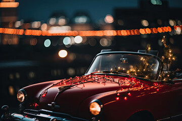 Close up of red car with sparkling Christmas garlands and tree inside