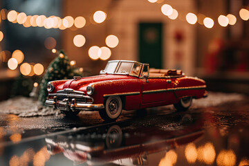 Close up of retro toy car with sparkling Christmas garlands and tree near