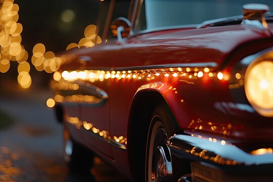 Fototapeta Close up of retro red car with sparkling Christmas garlands
