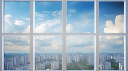 view of the city with apartment buildings from an apartment with plastic windows, panoramic view from the window