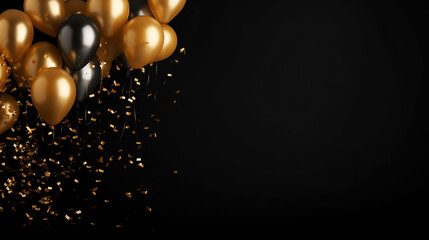 gold balloons and foil confetti falling on black background - obrazy, fototapety, plakaty