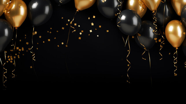 elegant gold balloons and foil confetti falling on black background