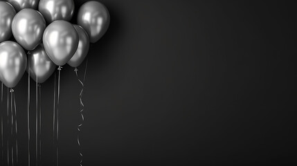 silver balloons bunch on a black wall background. horizontal banner. 3d render illustration