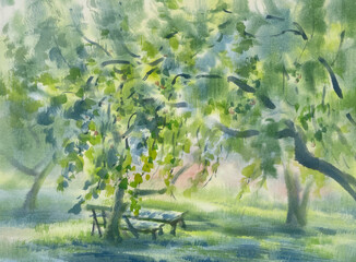 A seat in the garden in summer watercolor background - 643904535