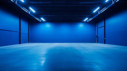 Empty interior of a modern industrial hall in a dynamic contrast of colors