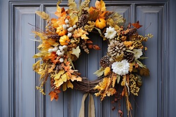 Fototapeta na wymiar A wreath of autumn flowers on the front door for Thanksgiving