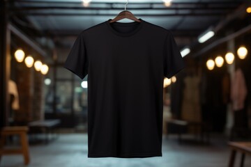 A mock-up of a black T-shirt is hanging on a hanger - obrazy, fototapety, plakaty