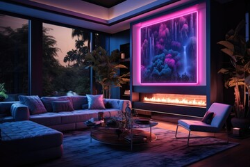 The interior of a modern living room with a fireplace and neon lighting