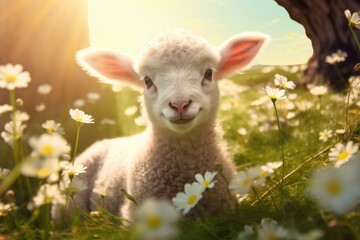 A cute lamb is lying on a spring meadow and resting