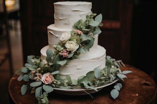 Three-tiered white wedding cake decorated with flowers and green eucalyptus leaves