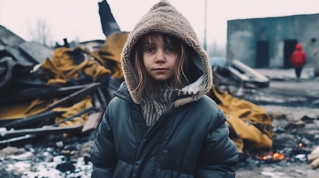 Hungry starving poor little child looking at the camera in the midst of war ruins.Generative ai