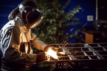 Metal welder steel working with electric arc welding machine in workshop.generative ai