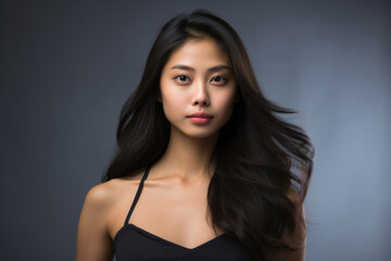 Naklejka premium Portrait of an Asian model girl with perfect skin without makeup and long thick hair