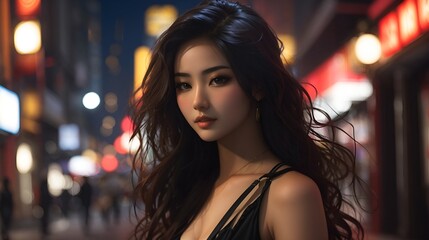 A beautiful woman walking down the street at night.