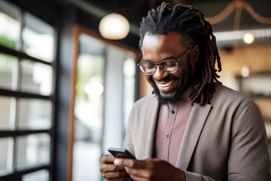 An aged dark-skinned man with dreadlocks and glasses with a phone in the office