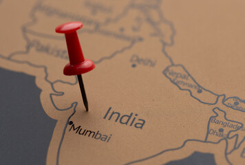 .Red Push Pin Pointing on India The Political World Map