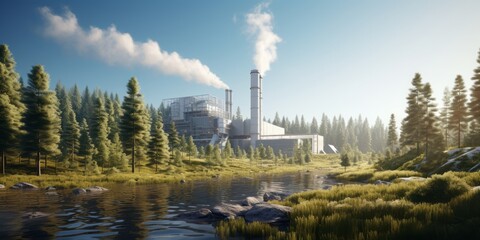  Industrial Bioenergy Facility Amidst a Forest Landscape. This Eco-Friendly Energy Hub, Featuring a Chimney, Combines Biogas and Heat Production, Paving the Way for Clean