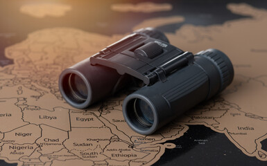 Black binoculars with map,traveler essentials concept.