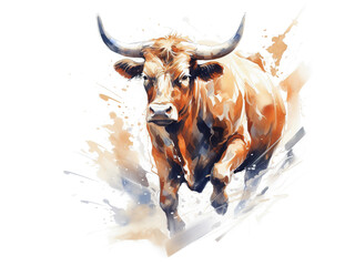 Image of painting brown cow running on white background. Farm animals. Illustration, Generative AI.