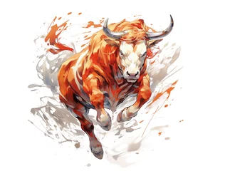 Gordijnen Image of painting brown cow running on white background. Farm animals. Illustration, Generative AI. © yod67