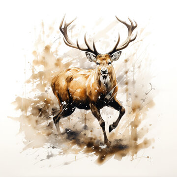 Image of painting deer running on white background. Wildlife Animals. Illustration, Generative AI.