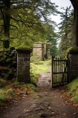 Obraz premium Stane entrance to an old graveyard. a stone building gaurds the entrance on the right, iron gates